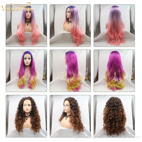 Long straight curl ombre purple blonde cheap wholesale high quality heat resistant synthetic wig with lace front